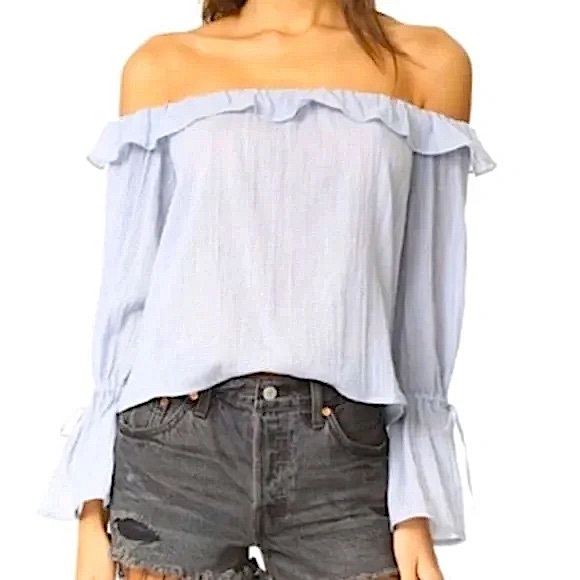 Club Monaco Linen Off The Shoulder Ruffle Bell Sleeve Crop Top in Cream 0 - Picture 12 of 13